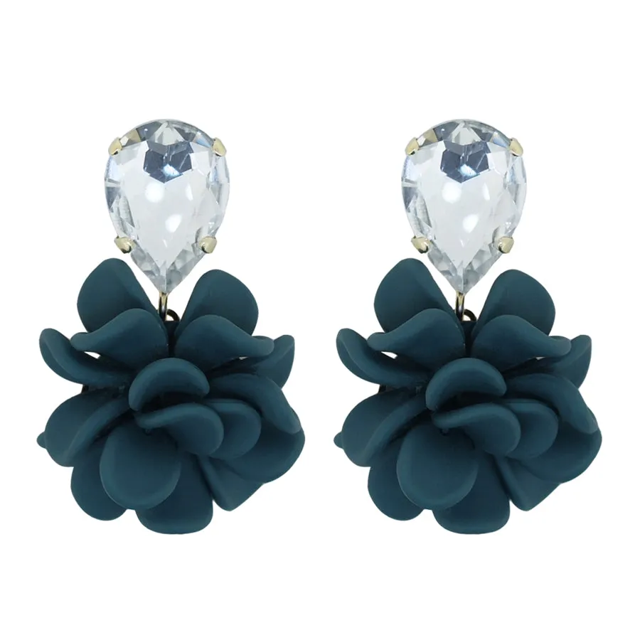 Adriatic Sea Breezy Blue Dahlia Dangle Drop Crystal Earrings - Pisces
