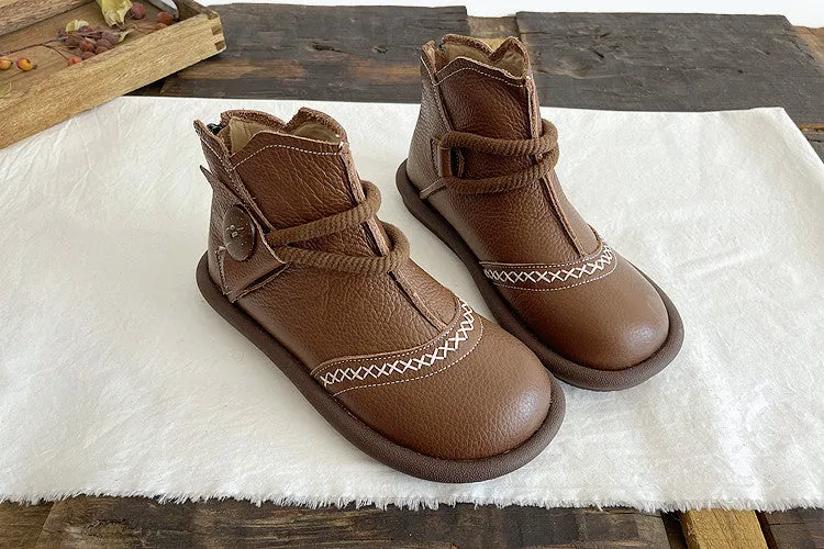 Babakud Women Round Toe Leather Warm Waterproof Short Boots