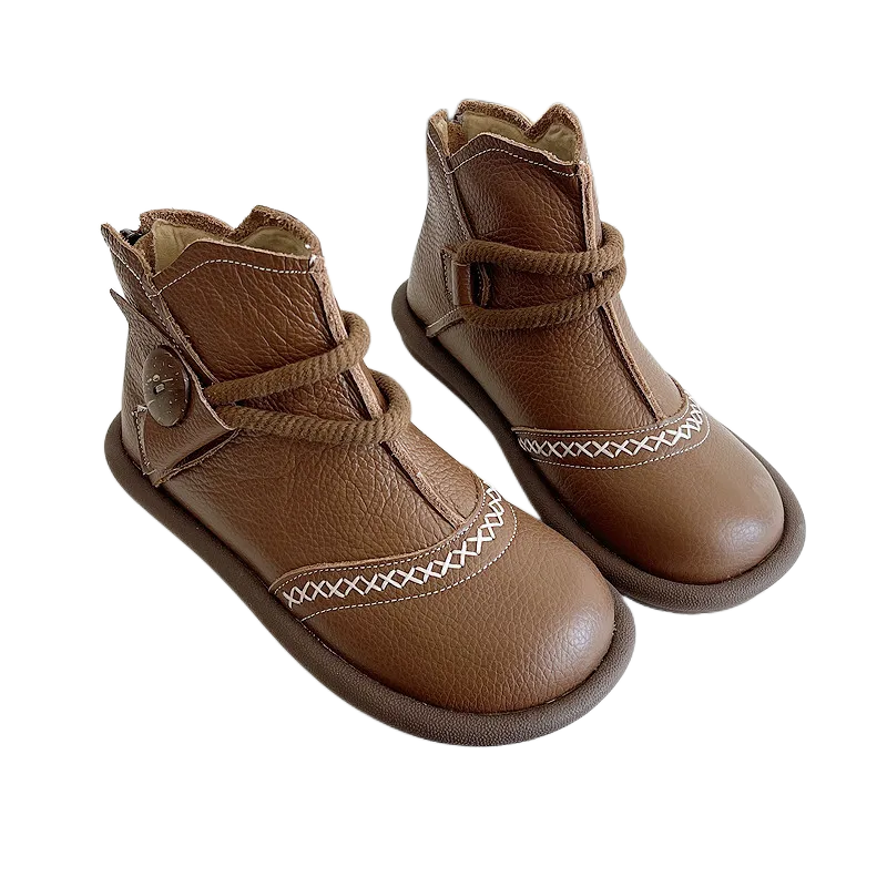 Babakud Women Round Toe Leather Warm Waterproof Short Boots