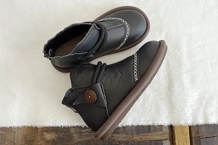 Babakud Women Round Toe Leather Warm Waterproof Short Boots