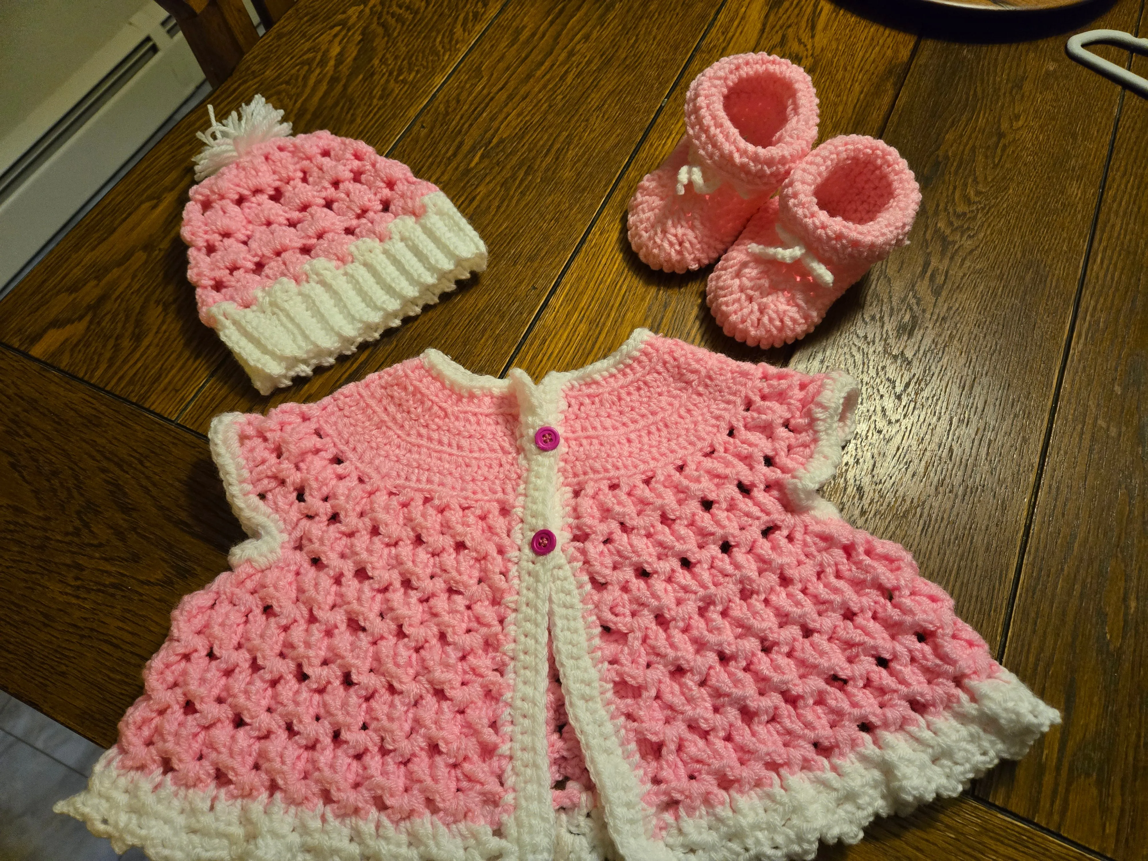 Baby set cardigan sweater hat and booties