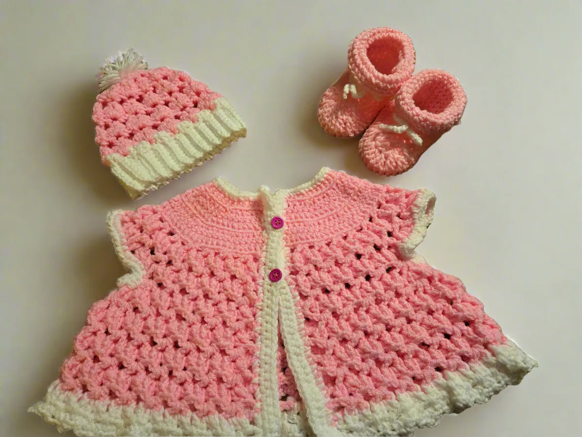 Baby set cardigan sweater hat and booties