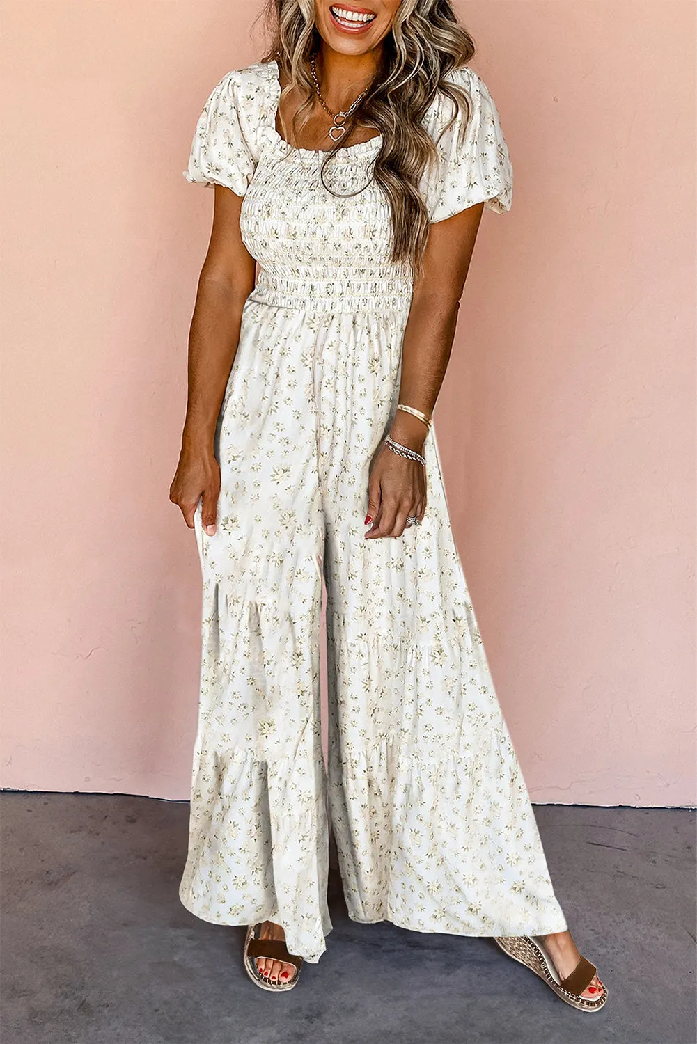 Boho Floral Smocked Wide Leg Romper