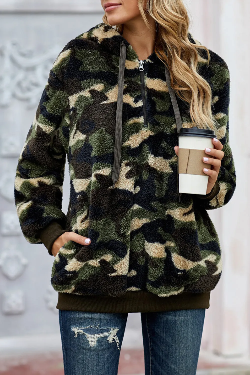 Camo Print Warm Furry Pullover Hoodie