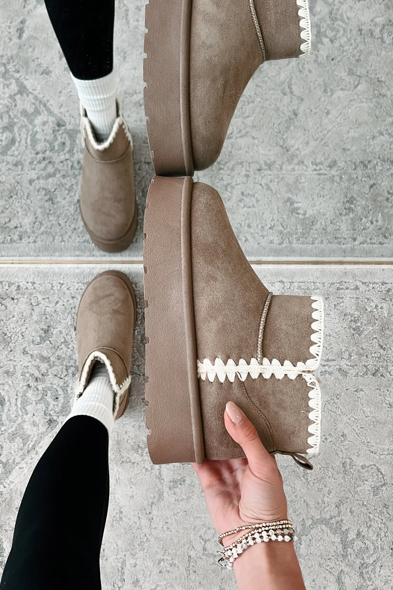 Feeling The Chill Stitch Trim Platform Booties (Oat)