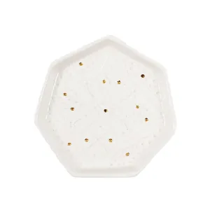 Handmade Moroccan Ceramic Hex Tray in Engraved White & Gold