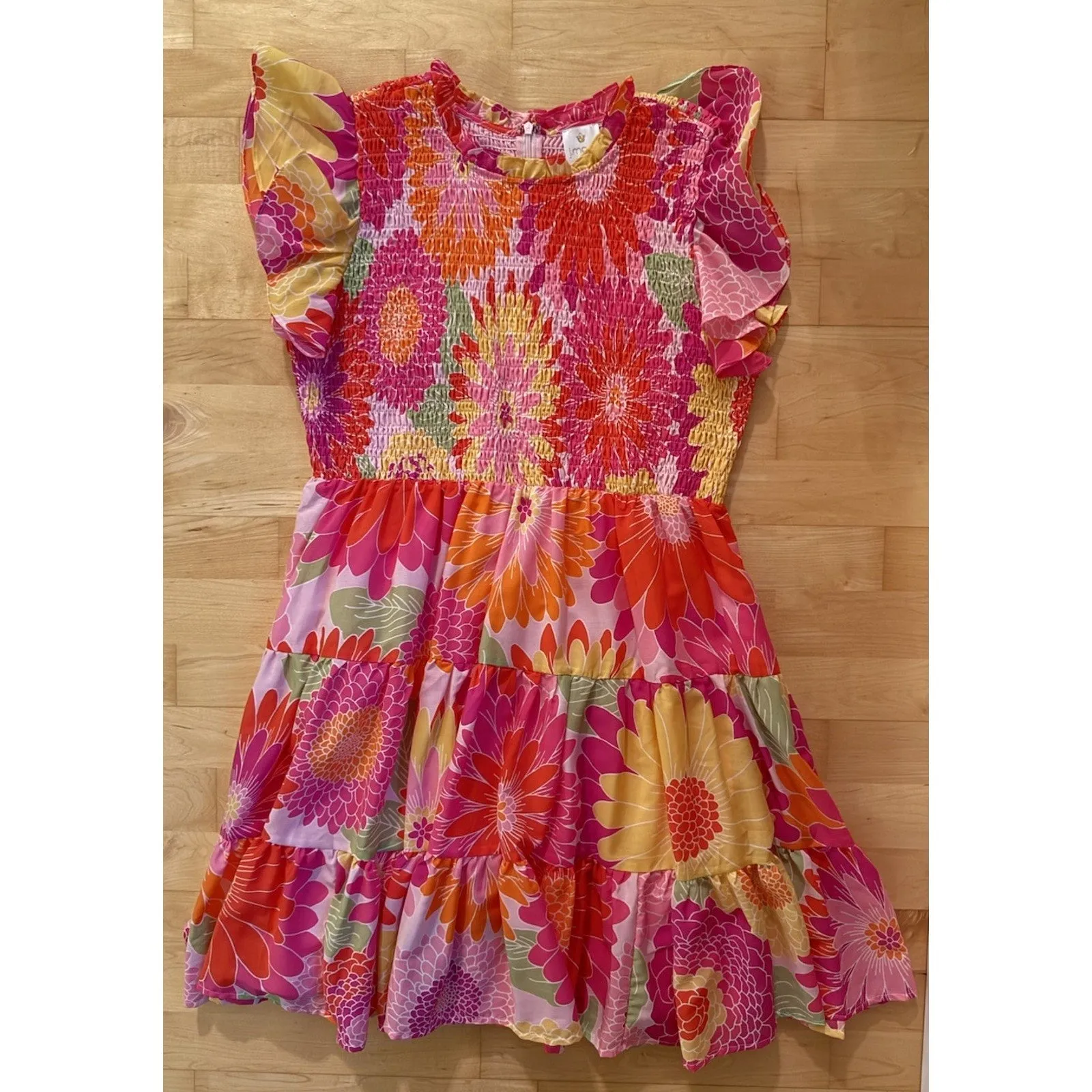 J.Marie Women's Leilani Floral Print Smocked Ruffle Mini Dress – Pink Daisy, Size Large