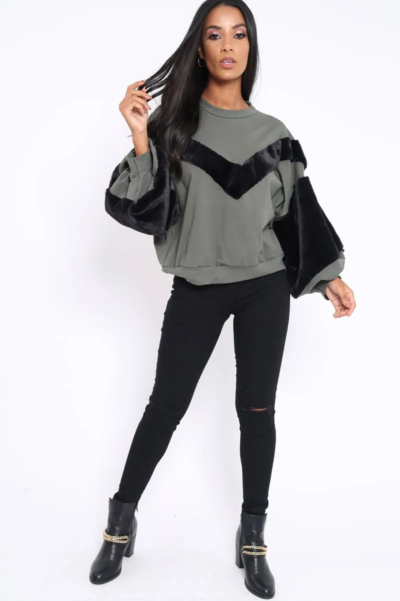 Khaki Chevron Fur Jumper - Lara