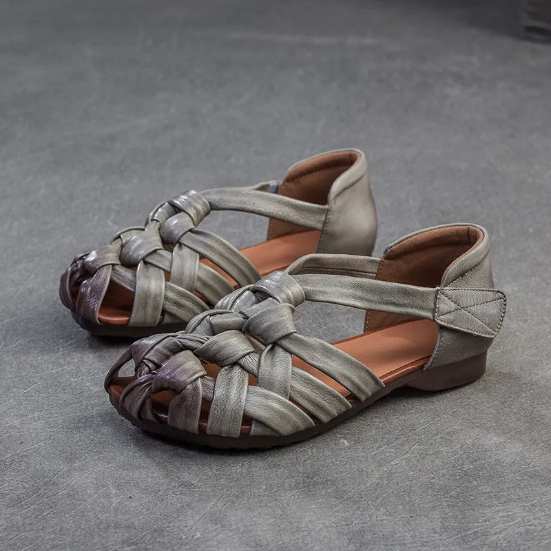 Ladies Fashion Retro Leather Woven Low Heel Soft Sole Sandals