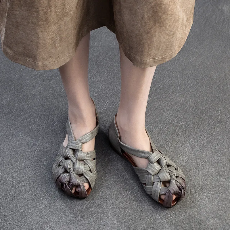 Ladies Fashion Retro Leather Woven Low Heel Soft Sole Sandals