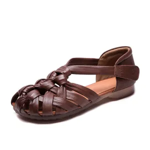 Ladies Fashion Retro Leather Woven Low Heel Soft Sole Sandals