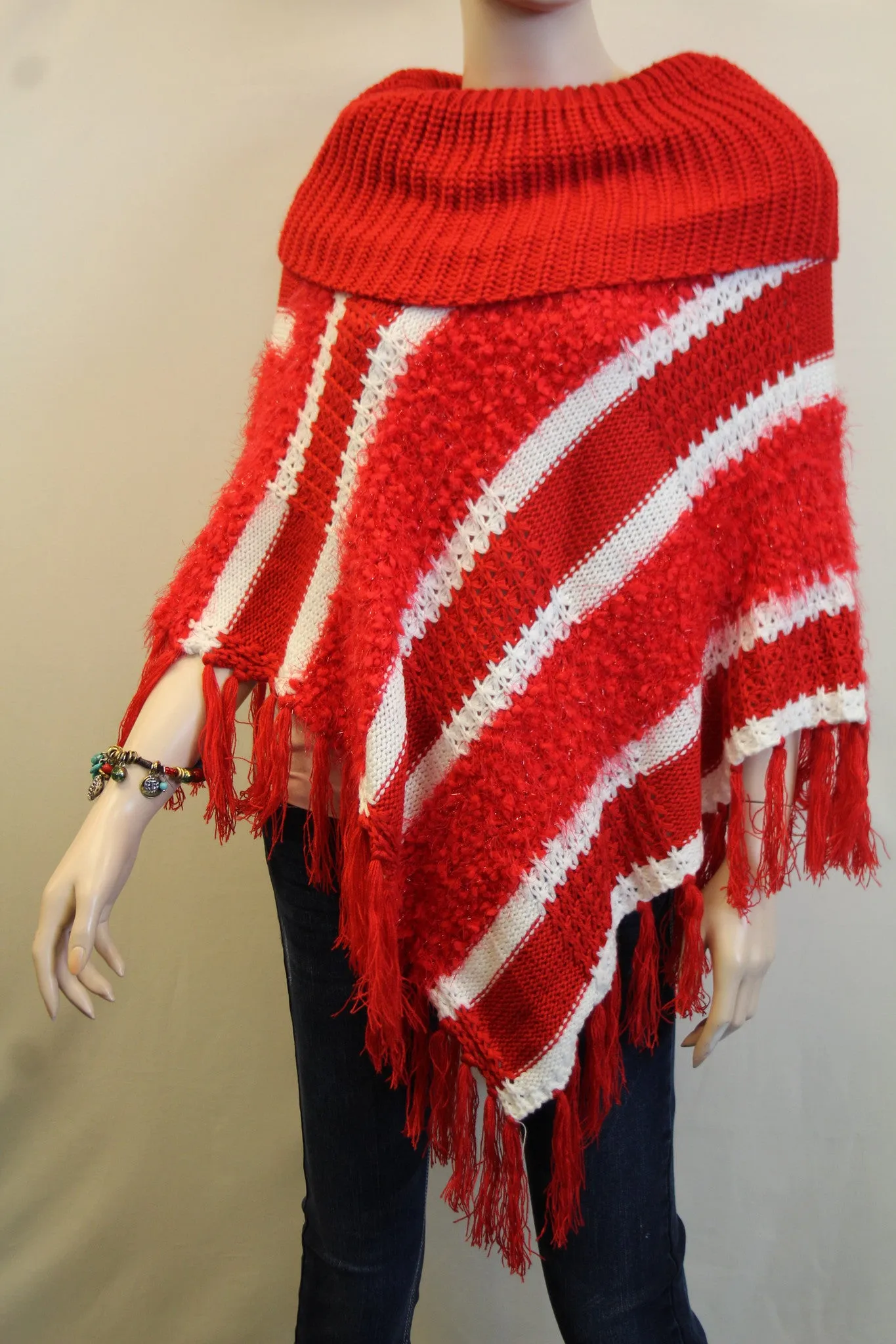 Lily | Crochet Striped Sweater Poncho Red & White
