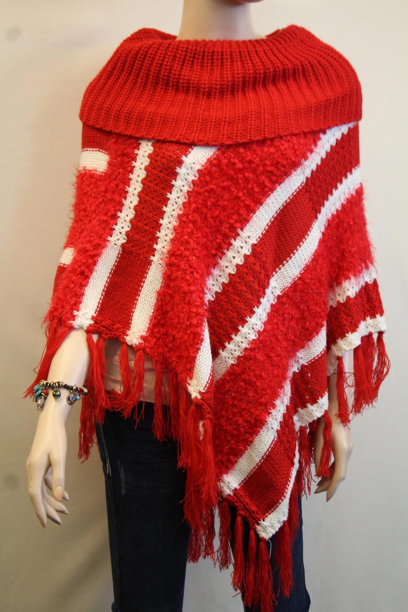 Lily | Crochet Striped Sweater Poncho Red & White