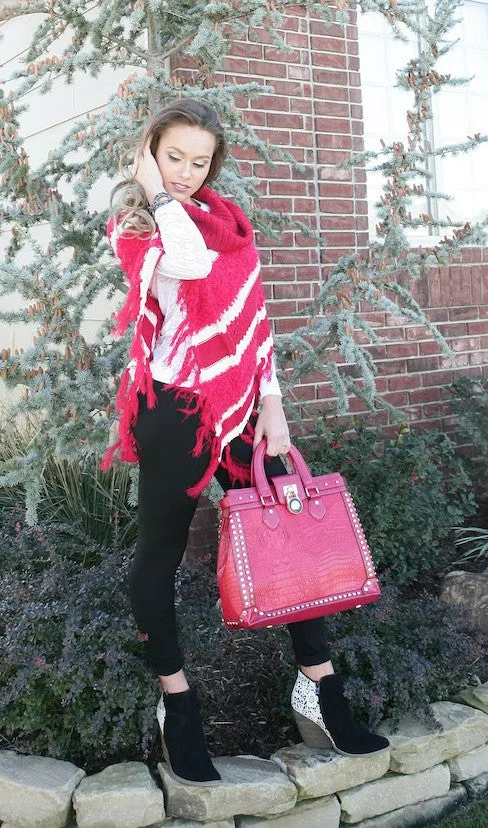Lily | Crochet Striped Sweater Poncho Red & White