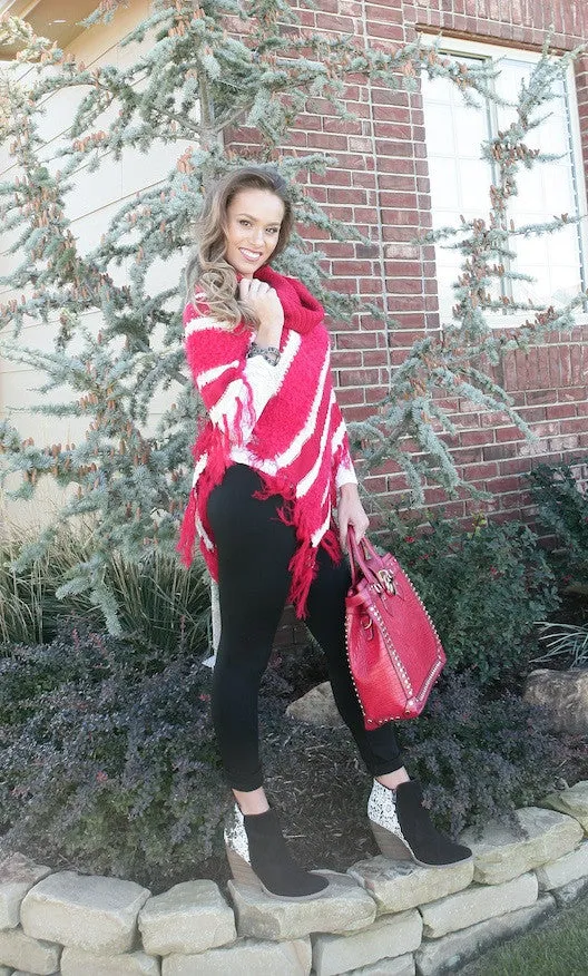 Lily | Crochet Striped Sweater Poncho Red & White