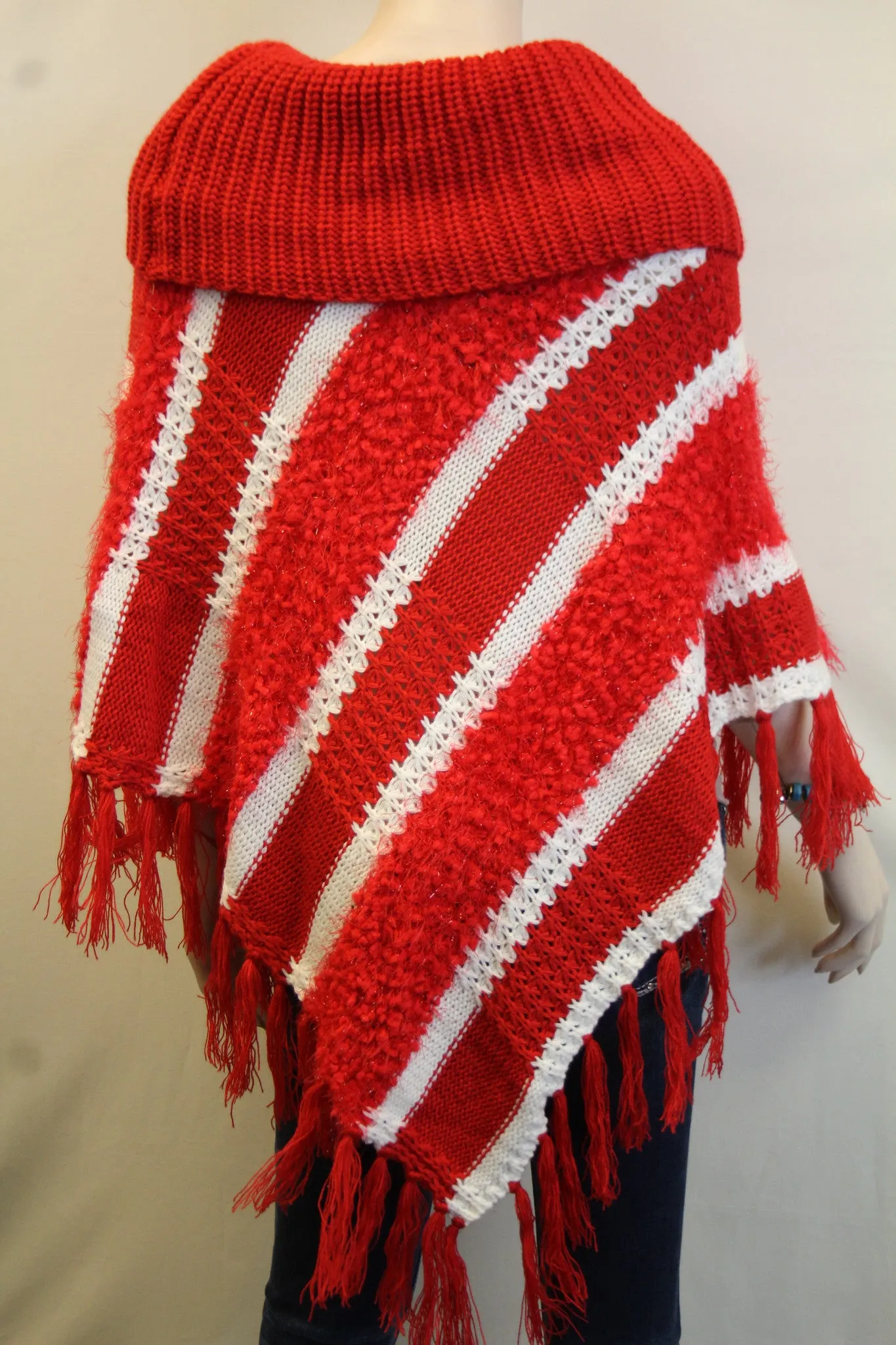 Lily | Crochet Striped Sweater Poncho Red & White