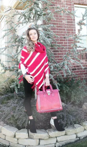 Lily | Crochet Striped Sweater Poncho Red & White