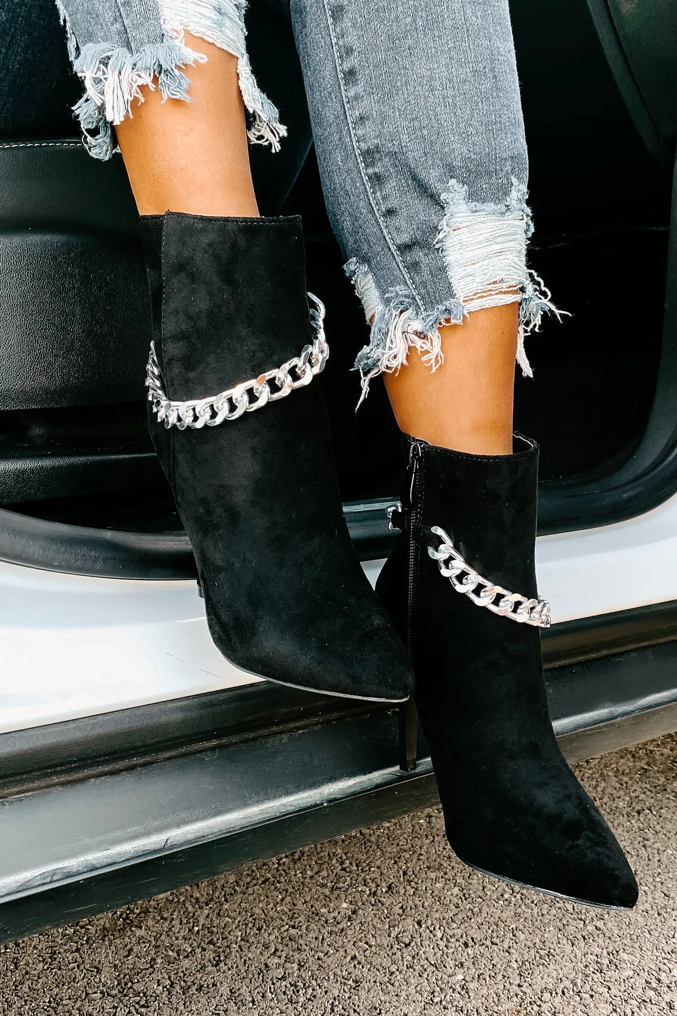 Linked To You Faux Suede Chain Detail Bootie (Black)