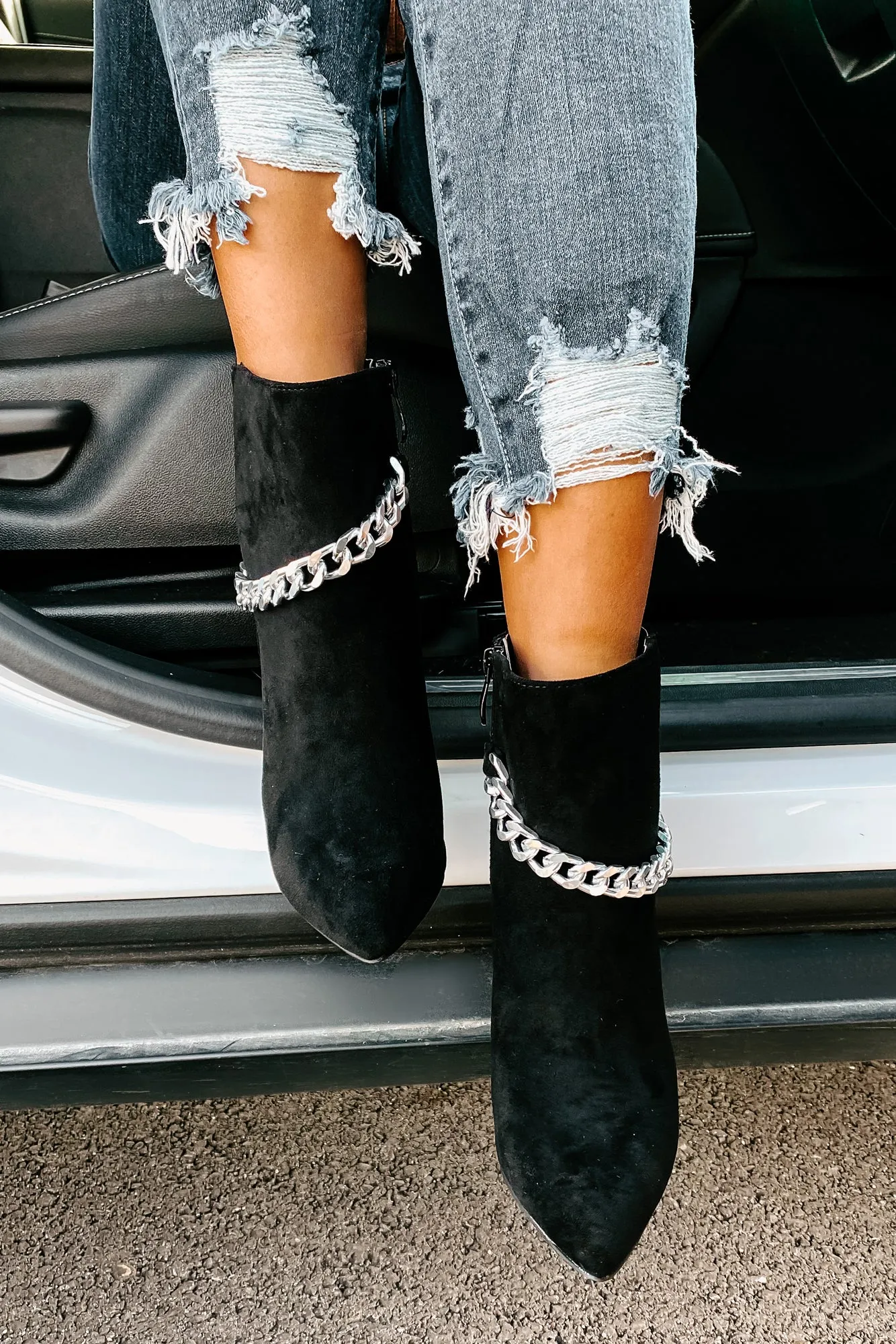 Linked To You Faux Suede Chain Detail Bootie (Black)
