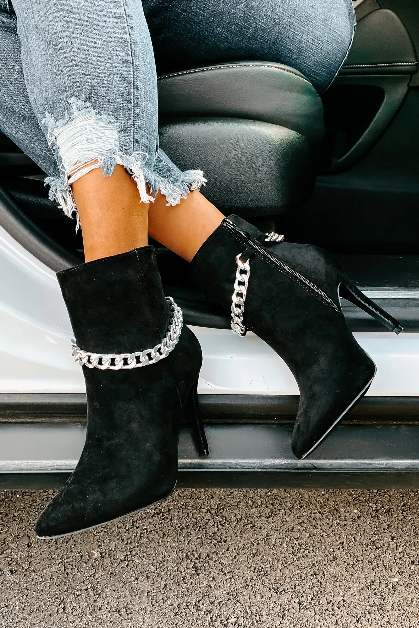 Linked To You Faux Suede Chain Detail Bootie (Black)
