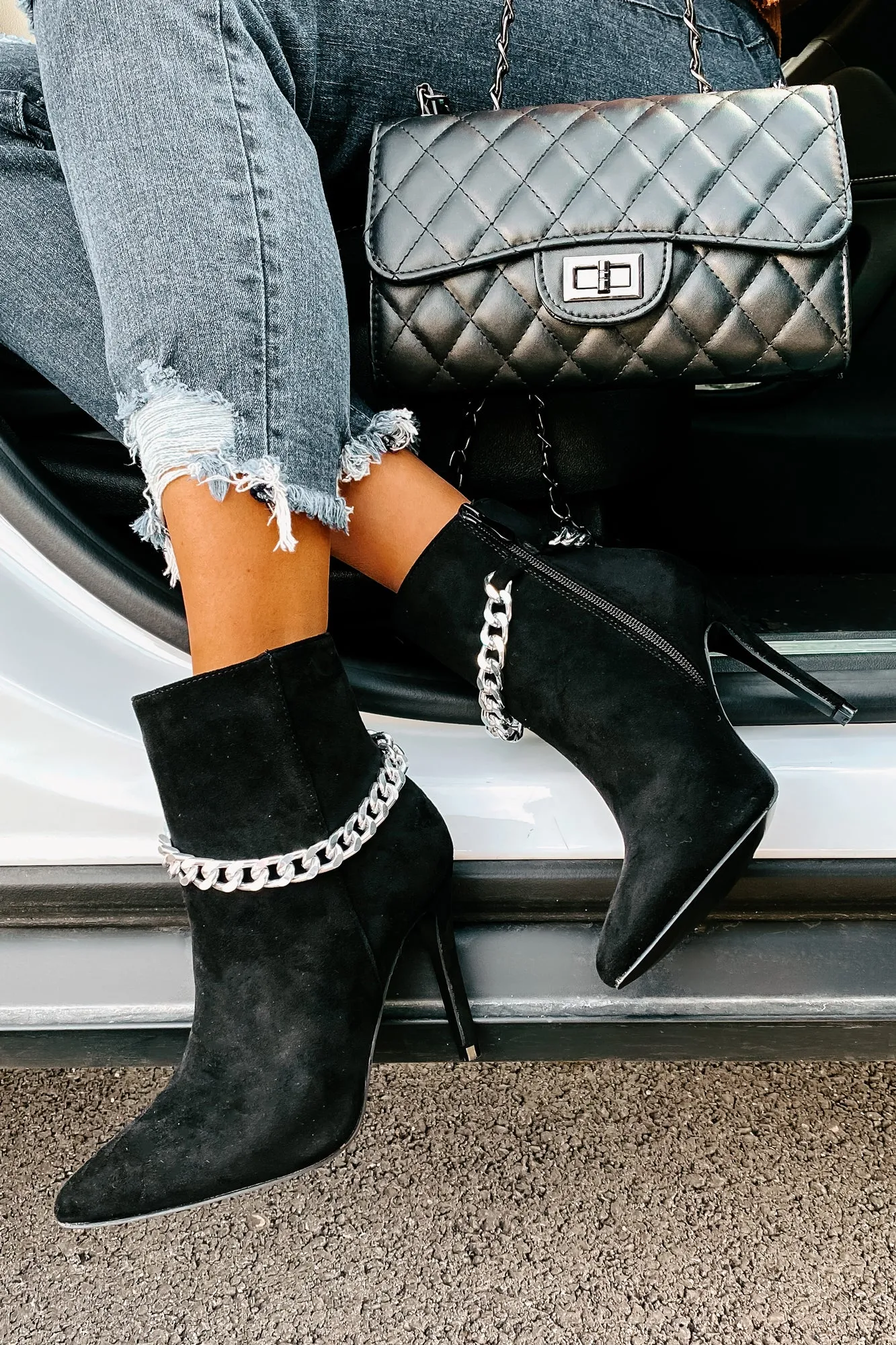 Linked To You Faux Suede Chain Detail Bootie (Black)