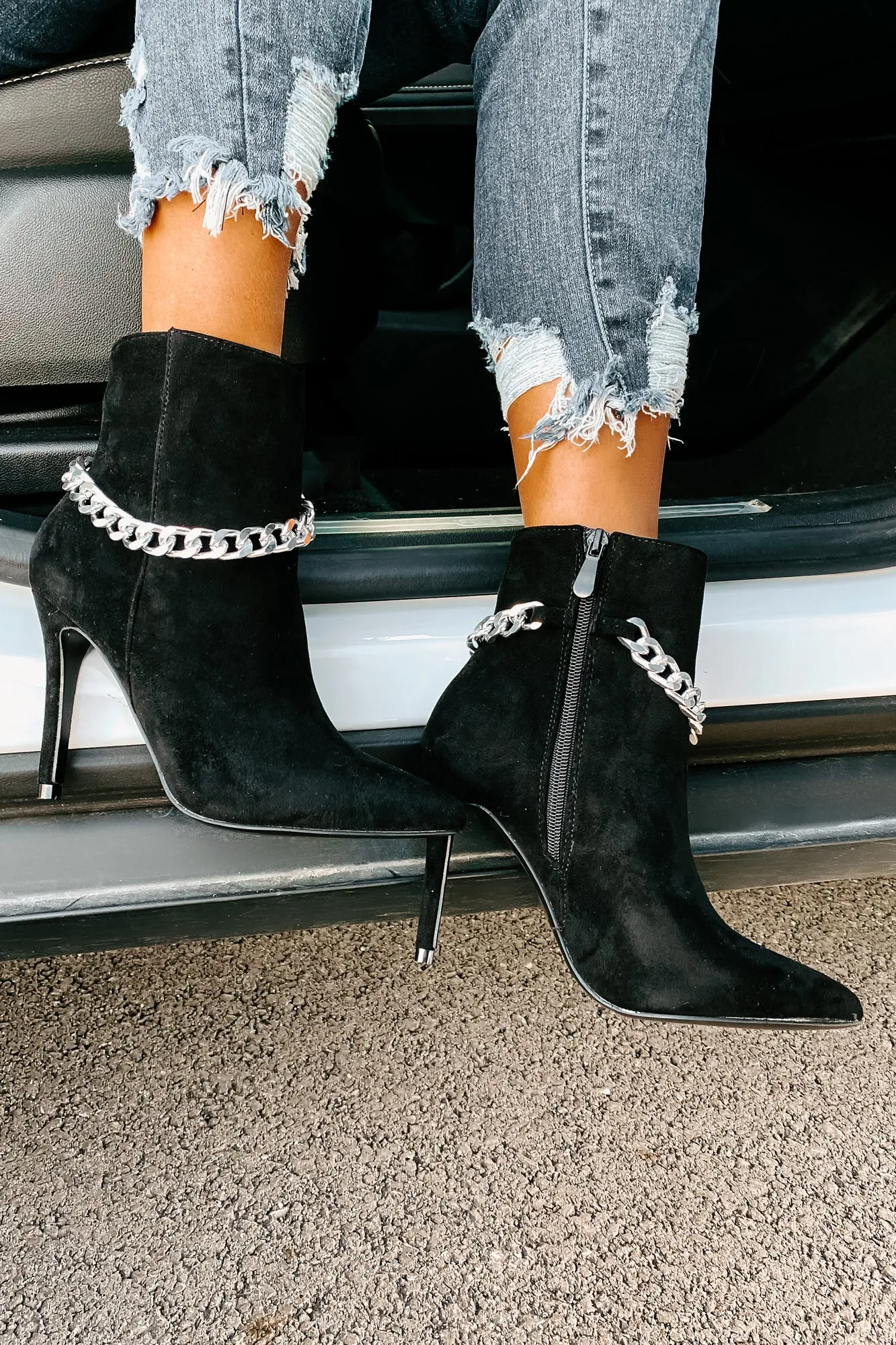 Linked To You Faux Suede Chain Detail Bootie (Black)