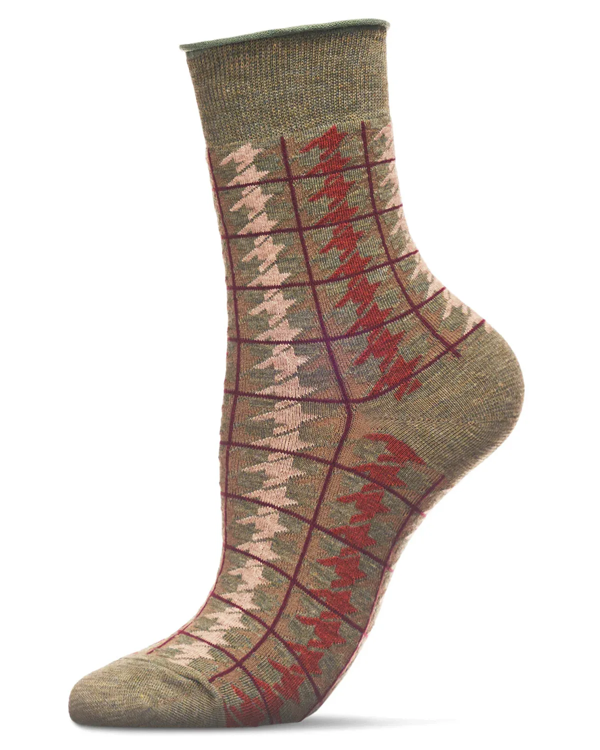 MEMOI MCF07518 MOSS HEATHER HOUNDSTOOTH PLAID ROLL TOP CREW SOCK