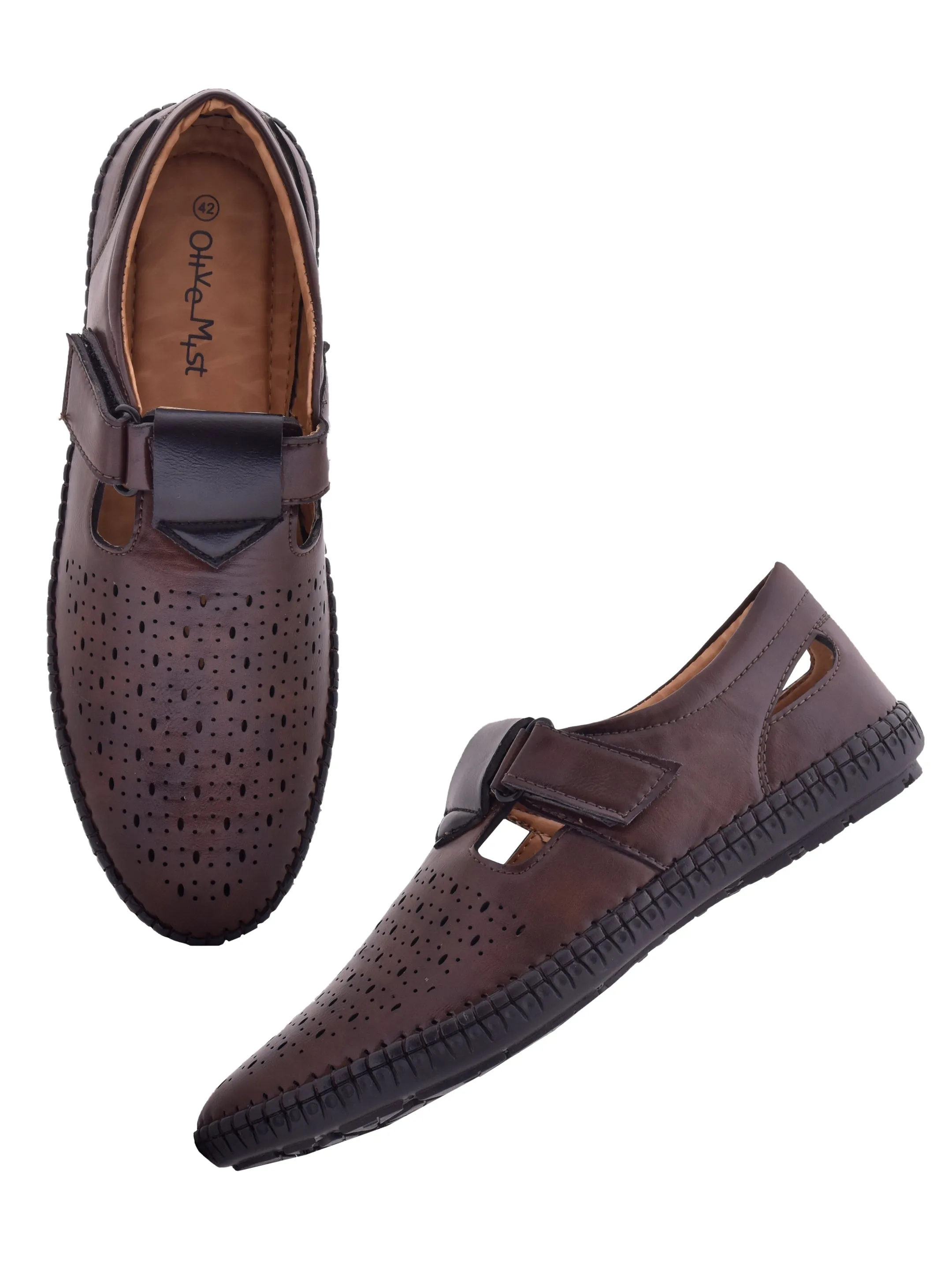 Men Brown Vegan Shoe-Style Ethnic Sandals (OMCS-06-BROWN)