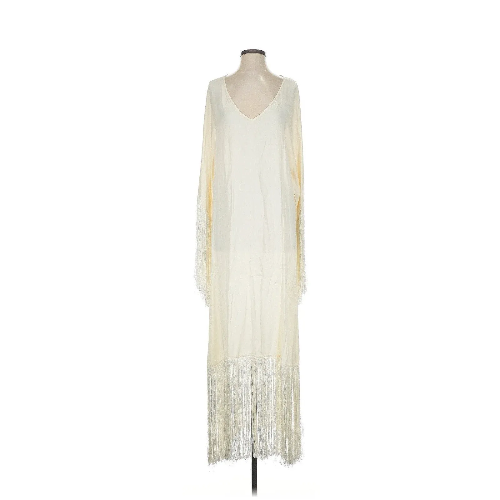 NWOT Kadimah Women's Sol Fringe Off-White Maxi Kaftan Dress - XS/S