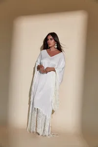 NWOT Kadimah Women's Sol Fringe Off-White Maxi Kaftan Dress - XS/S