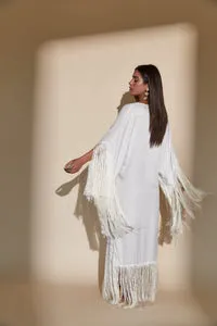 NWOT Kadimah Women's Sol Fringe Off-White Maxi Kaftan Dress - XS/S