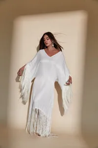 NWOT Kadimah Women's Sol Fringe Off-White Maxi Kaftan Dress - XS/S