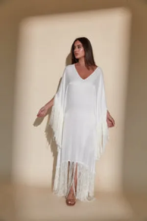 NWOT Kadimah Women's Sol Fringe Off-White Maxi Kaftan Dress - XS/S