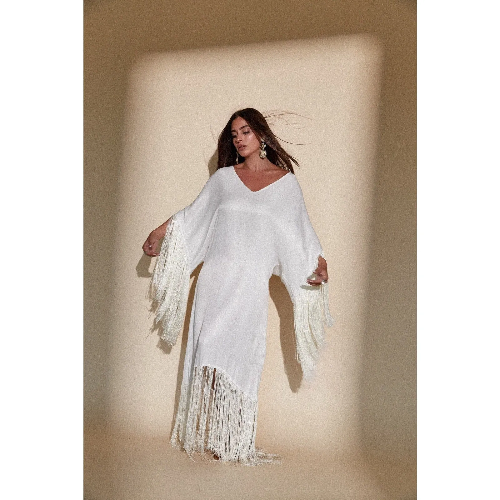 NWOT Kadimah Women's Sol Fringe Off-White Maxi Kaftan Dress - XS/S