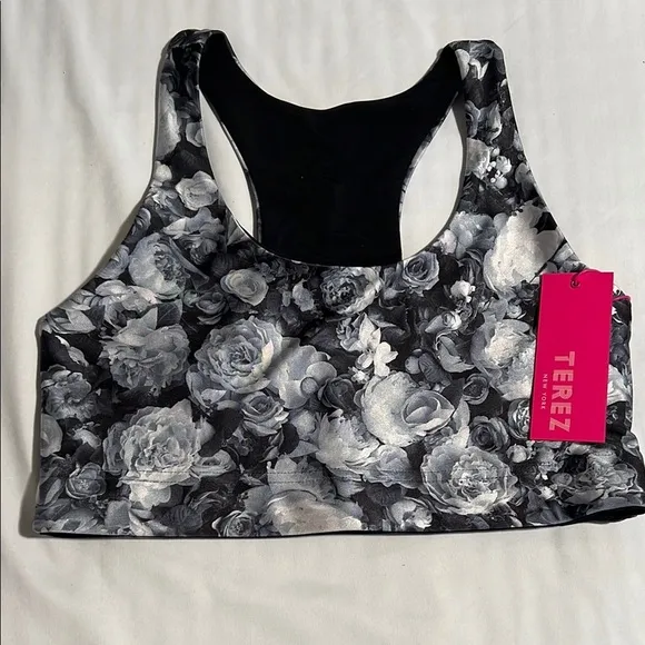 NWT TEREZ WOMENS BLACK &amp; GREY FLORAL SPORTS BRA RACERBACK SIZE MEDIUM