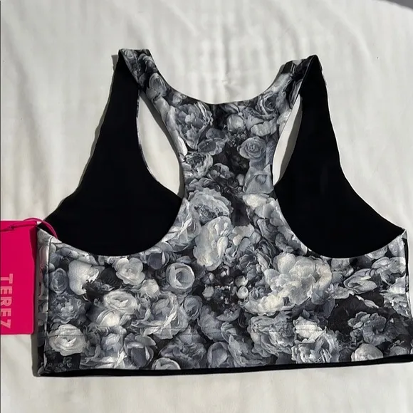 NWT TEREZ WOMENS BLACK &amp; GREY FLORAL SPORTS BRA RACERBACK SIZE MEDIUM