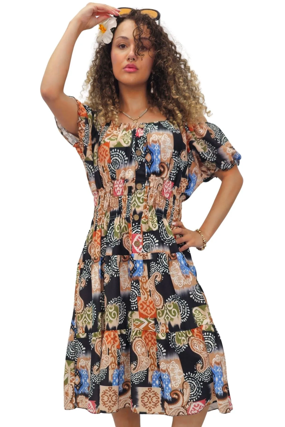 Paisley Print Shirred Waist Dress