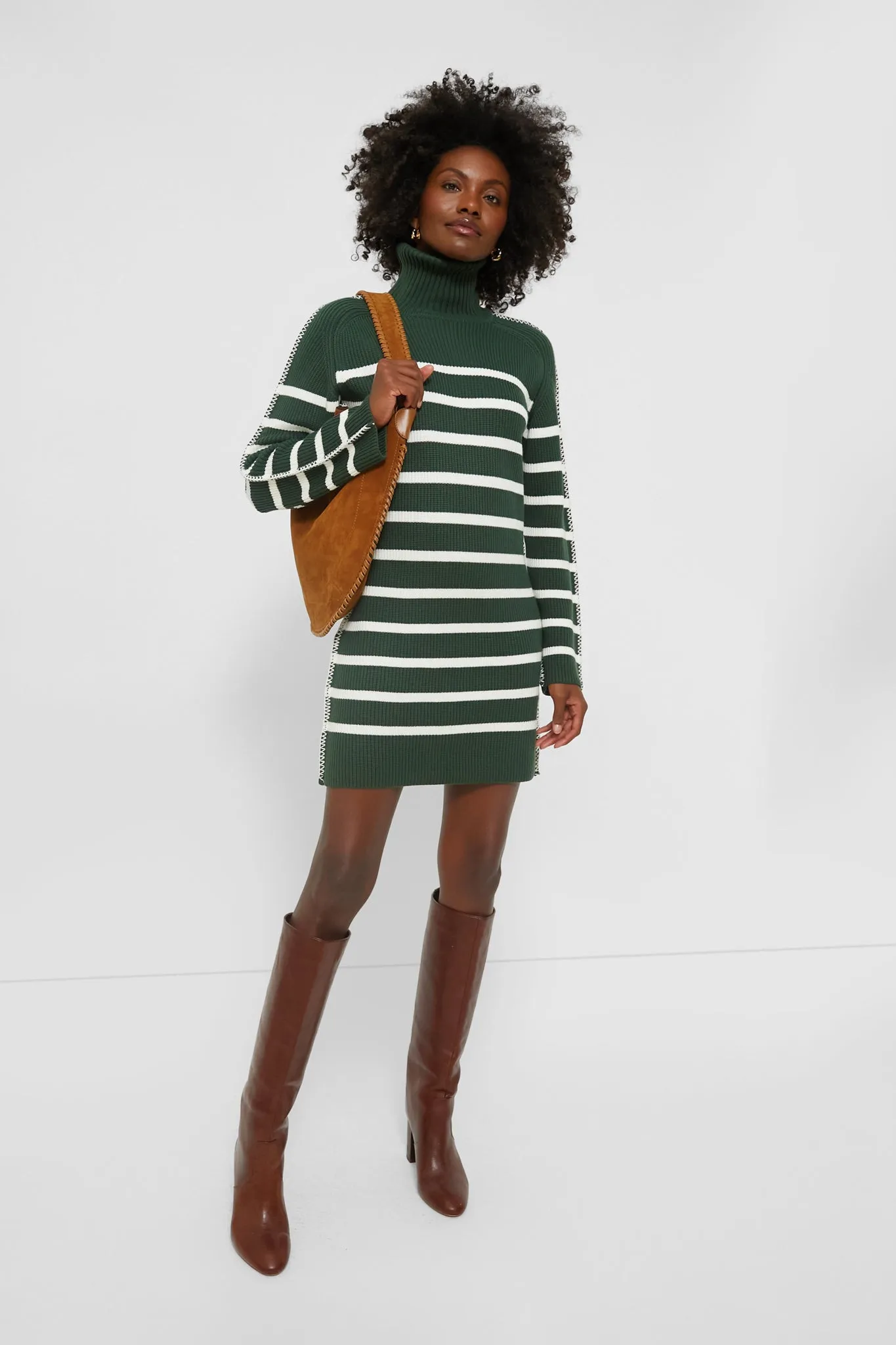 Pine Green & White Striped Emsley Mini Sweater Dress
