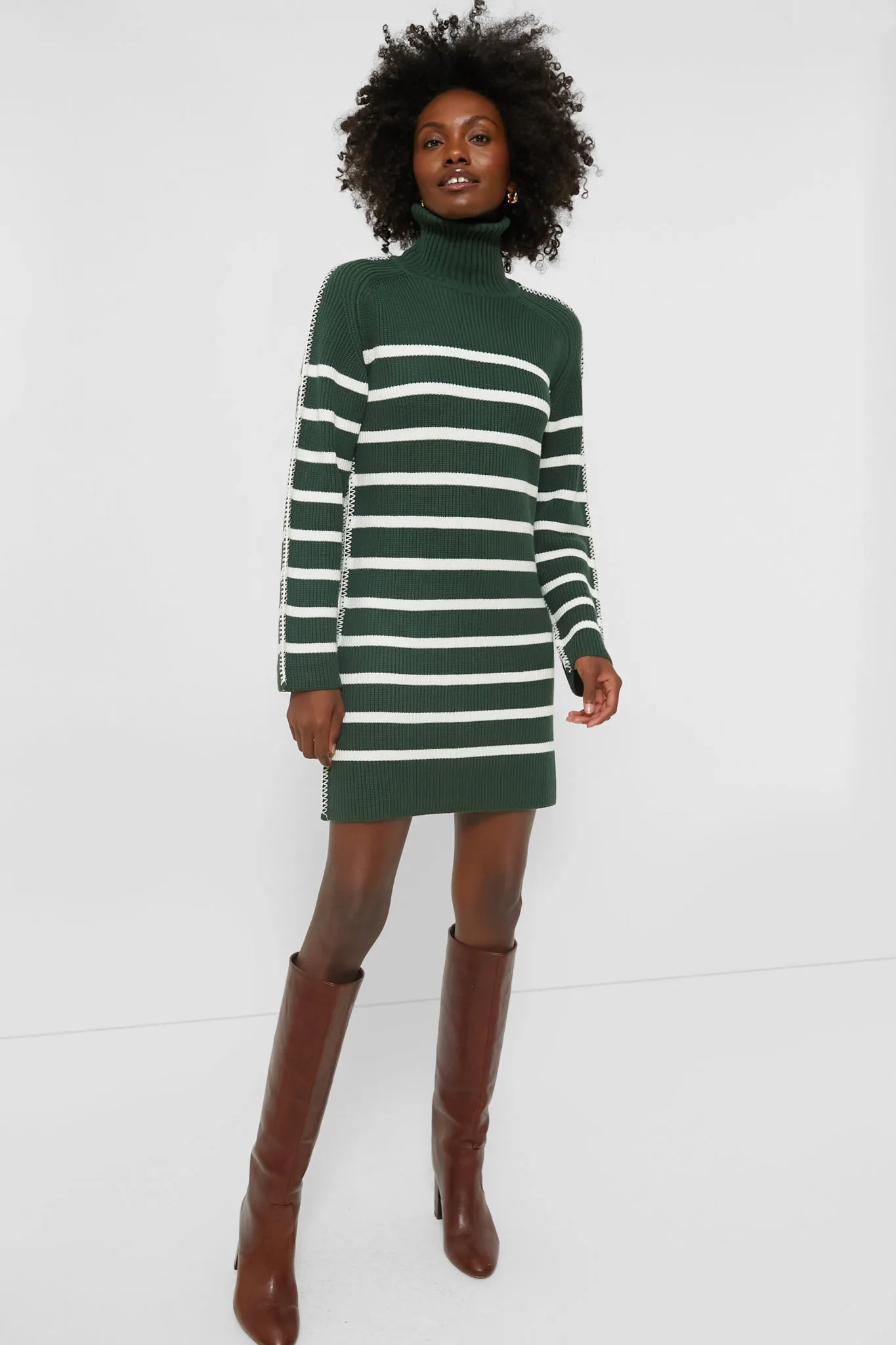 Pine Green & White Striped Emsley Mini Sweater Dress