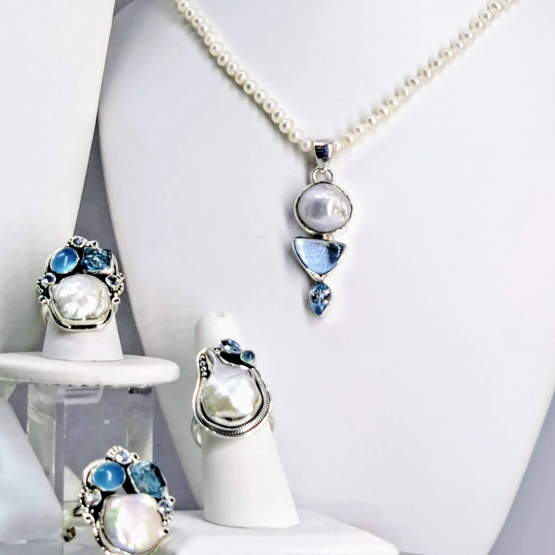 "Mrs. Blue Sky" 2" Pendant 18" Necklace - Pearl, Topaz, Sterling