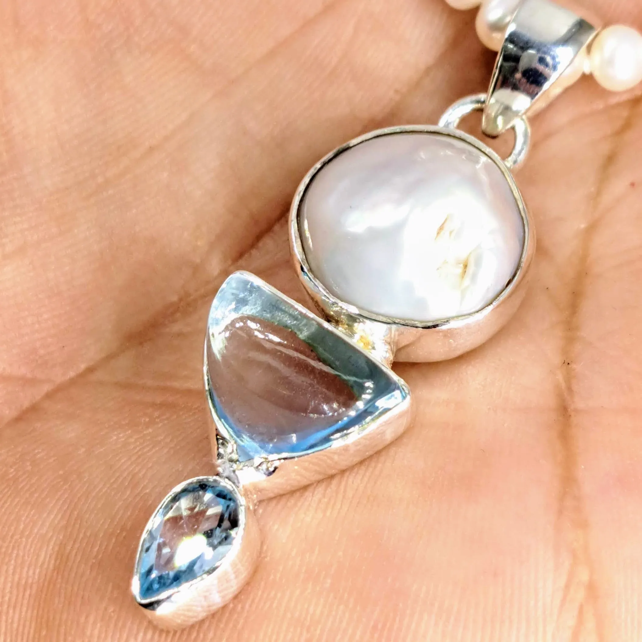 "Mrs. Blue Sky" 2" Pendant 18" Necklace - Pearl, Topaz, Sterling