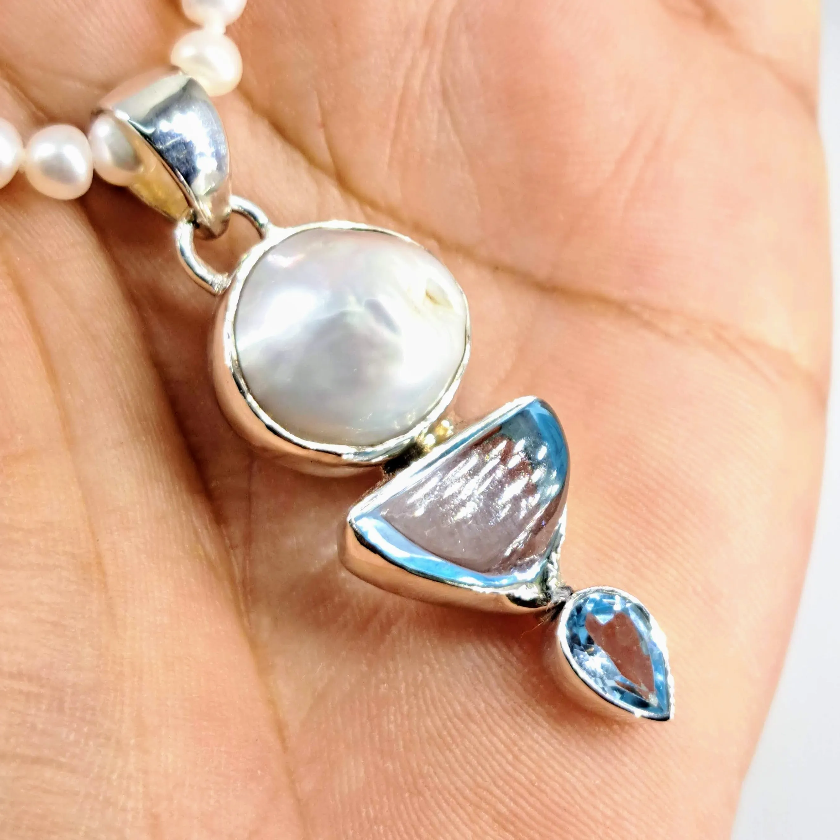 "Mrs. Blue Sky" 2" Pendant 18" Necklace - Pearl, Topaz, Sterling