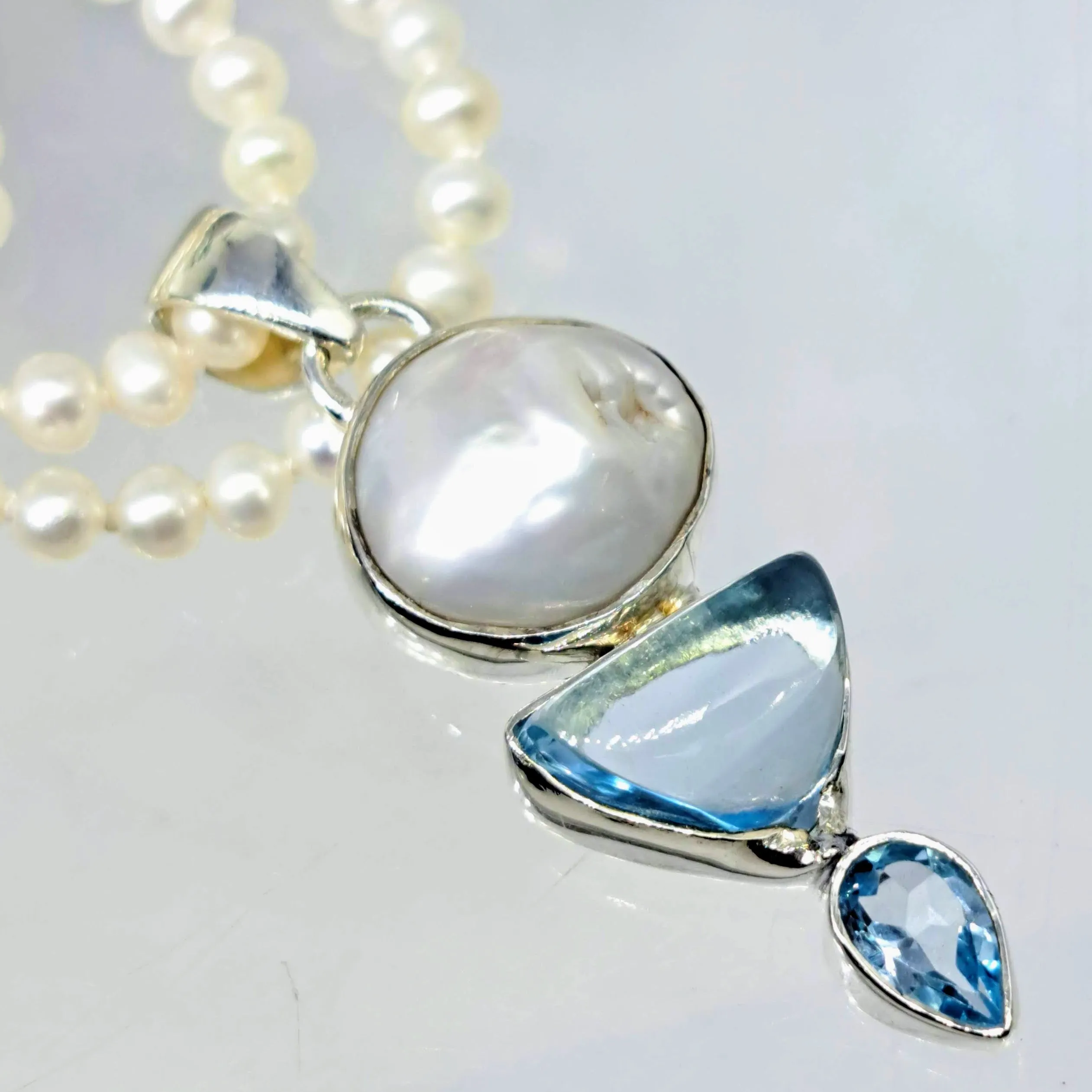 "Mrs. Blue Sky" 2" Pendant 18" Necklace - Pearl, Topaz, Sterling