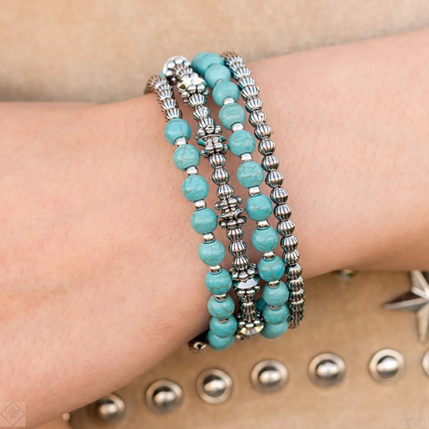 "Road Trip Remix" Turquoise Blue Crackle Stone & Textured Silver Beaded Flexible COIL Bracelet.