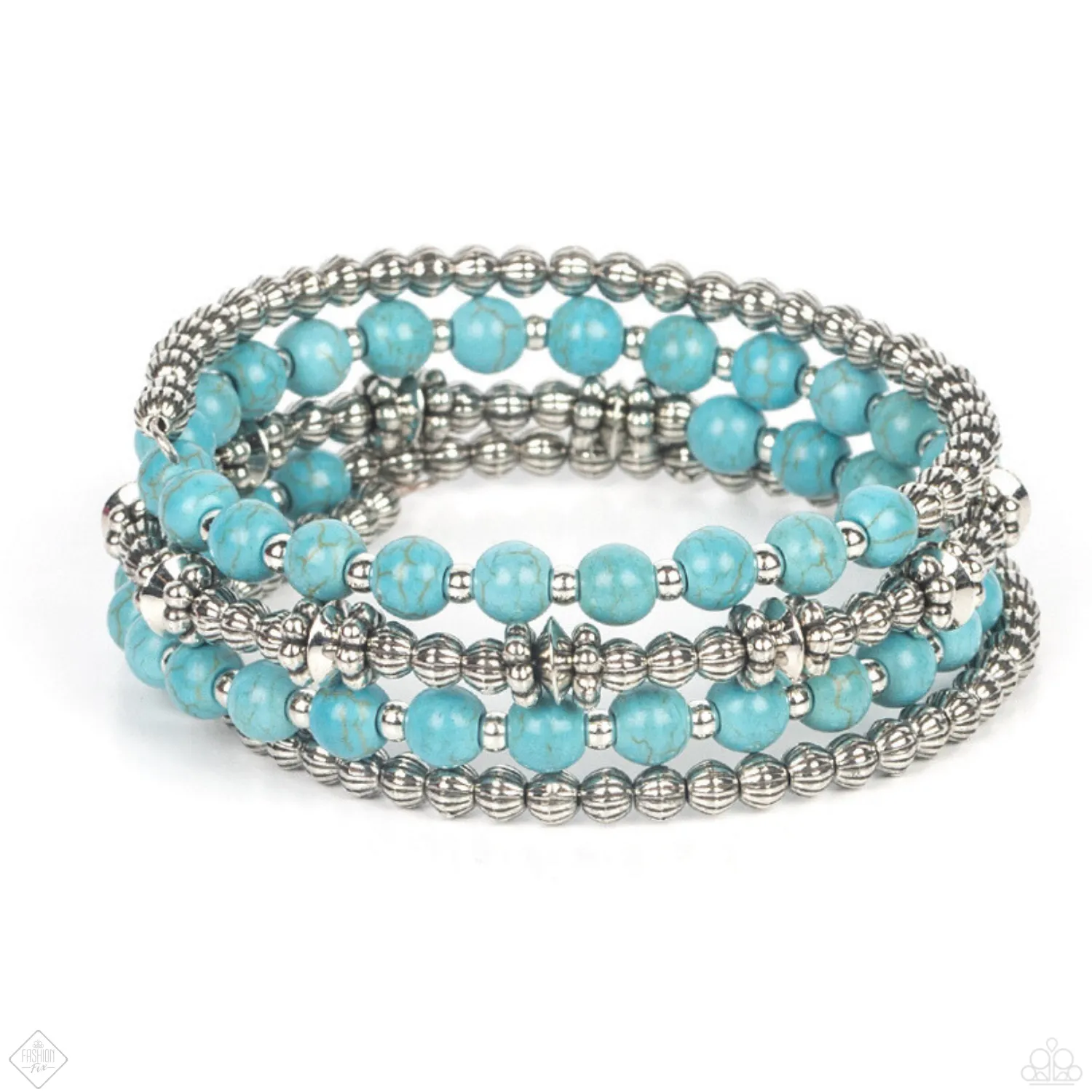 "Road Trip Remix" Turquoise Blue Crackle Stone & Textured Silver Beaded Flexible COIL Bracelet.