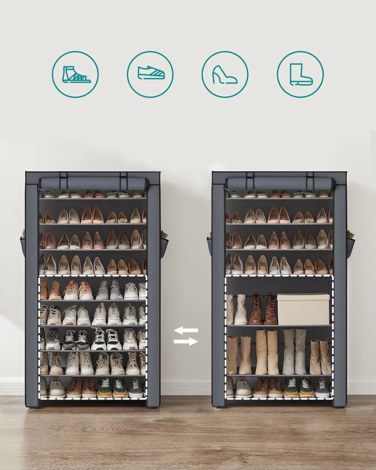 Rootz Shoe Rack Organizer - Footwear Storage - Shoe Stand - Water-Repellent Fabric - 88cm x 28cm x 160cm