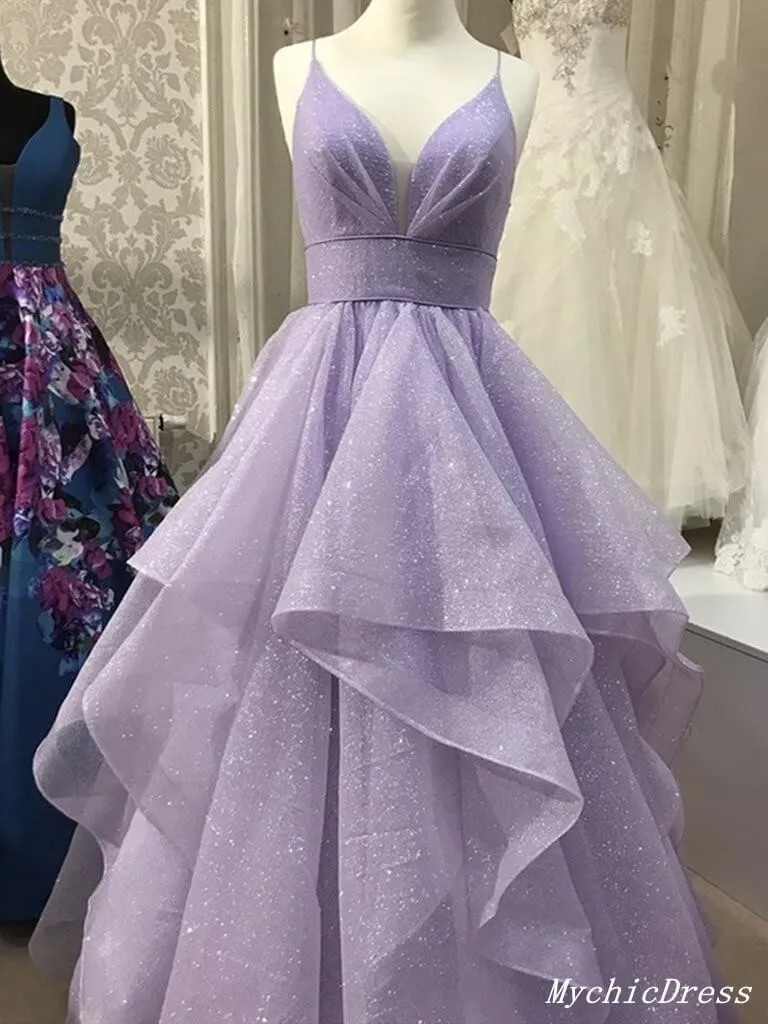 Shiny Princess Purple Prom Dresses 2024 Ruffles V-neck Sleeveless Formal Dresses