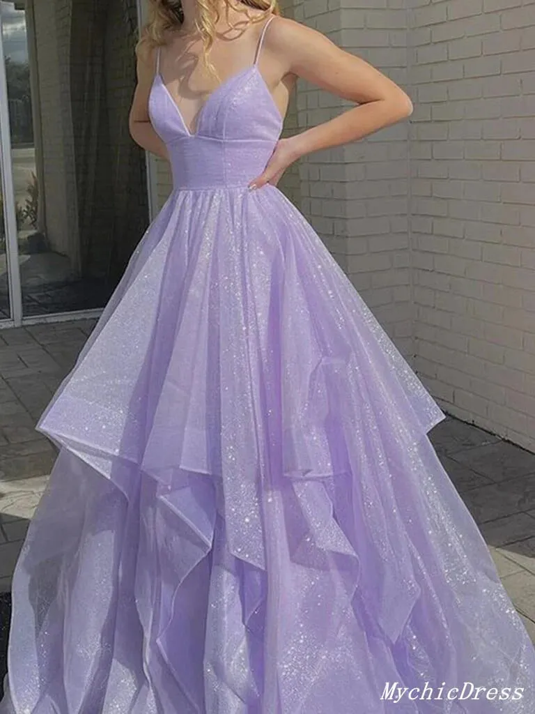 Shiny Princess Purple Prom Dresses 2024 Ruffles V-neck Sleeveless Formal Dresses