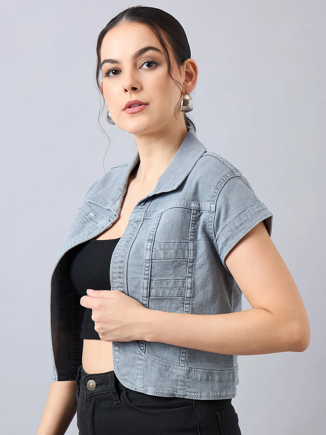 Style Quotient Women Grey Open Front Denim Shrug