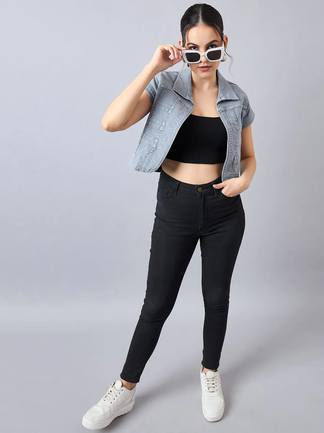 Style Quotient Women Grey Open Front Denim Shrug